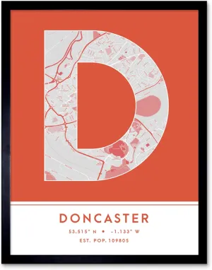 Wee Blue Coo Doncaster England United Kingdom City Map Orange Colour Block Modern Typography Stylish Letter Framed Word Wall Art Print Poster for Home Décor CITYMAP1