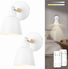 White Battery Operated Wall Sconce Set of Two, Easy to Install Wireless Lights for Wall, Remote Control Dimmable LED Lights, Auto Timer Wall Lamp Fixtures for Bedroom, Gallery, Living Room, RV…