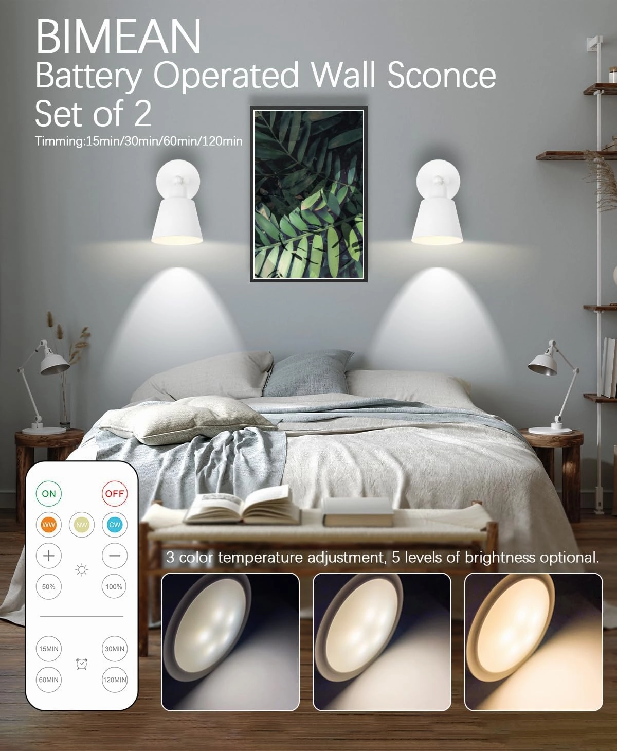 White Battery Operated Wall Sconce Set of Two, Easy to Install Wireless Lights for Wall, Remote Control Dimmable LED Lights, Auto Timer Wall Lamp Fixtures for Bedroom, Gallery, Living Room, RV…
