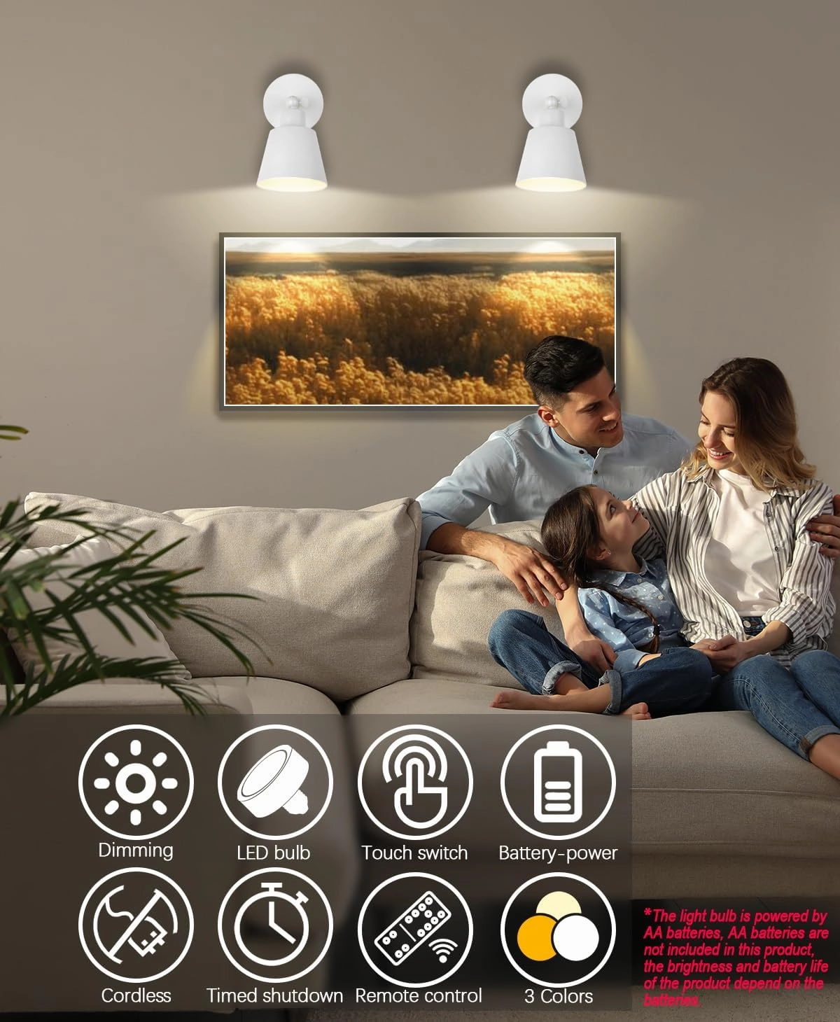 White Battery Operated Wall Sconce Set of Two, Easy to Install Wireless Lights for Wall, Remote Control Dimmable LED Lights, Auto Timer Wall Lamp Fixtures for Bedroom, Gallery, Living Room, RV…