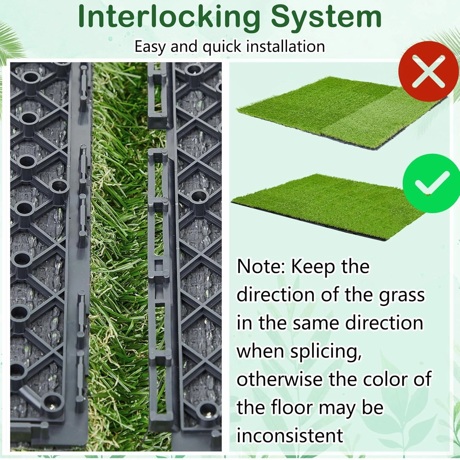 Windyun 8 Pack Artificial Grass Turf Interlocking Deck Tiles 12" x 12" Thick Synthetic Square Fake Grass Interlocking Turf Self Draining Grass Tiles for Patio Indoor Outdoor Floor Decorations