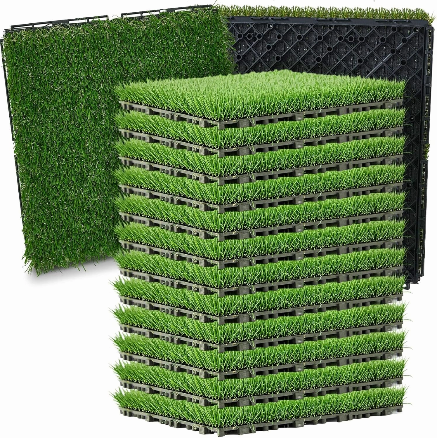 Windyun 8 Pack Artificial Grass Turf Interlocking Deck Tiles 12" x 12" Thick Synthetic Square Fake Grass Interlocking Turf Self Draining Grass Tiles for Patio Indoor Outdoor Floor Decorations