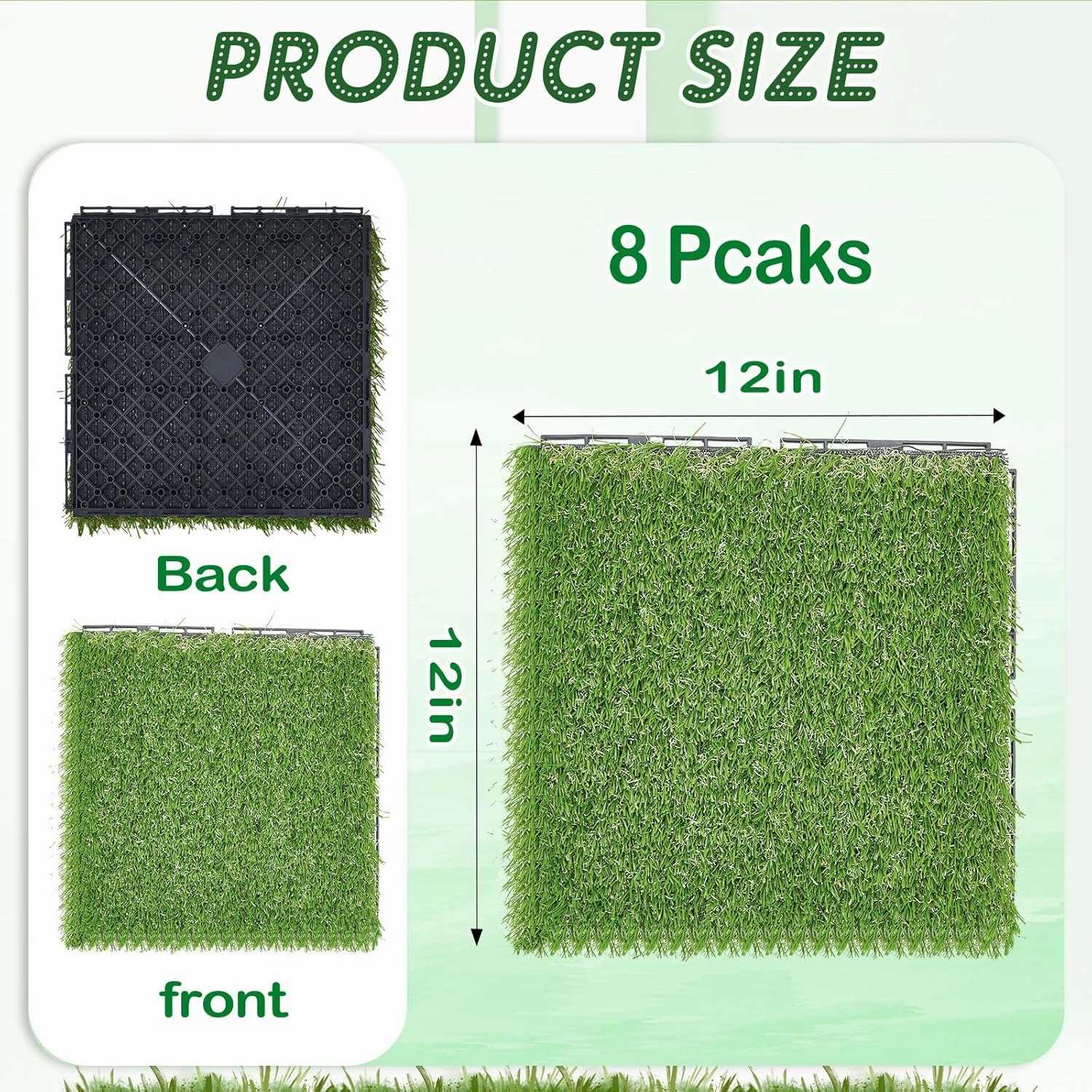 Windyun 8 Pack Artificial Grass Turf Interlocking Deck Tiles 12" x 12" Thick Synthetic Square Fake Grass Interlocking Turf Self Draining Grass Tiles for Patio Indoor Outdoor Floor Decorations