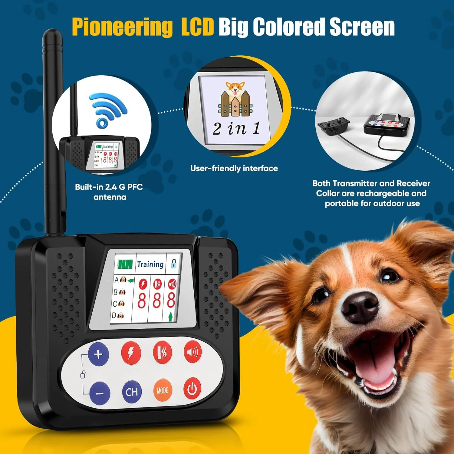 Wireless Dog Fence, Electric Fence for Dogs with Big LCD Screen, Portable Wireless Pet Fence & Remote Training Collar, Dog Perimeter Fence, Adjustable for Large Medium Small Dogs (2 Dogs)