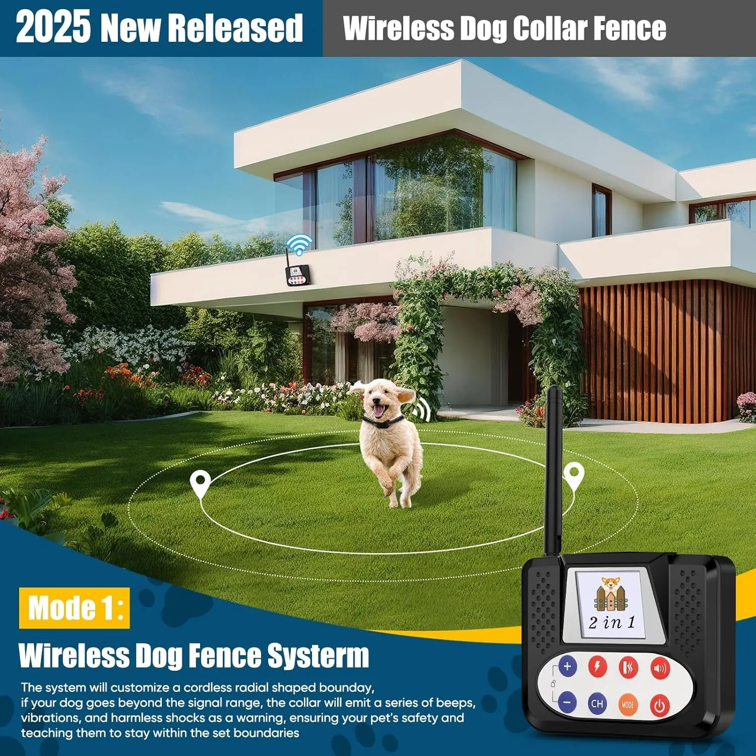 Wireless Dog Fence, Electric Fence for Dogs with Big LCD Screen, Portable Wireless Pet Fence & Remote Training Collar, Dog Perimeter Fence, Adjustable for Large Medium Small Dogs (2 Dogs)