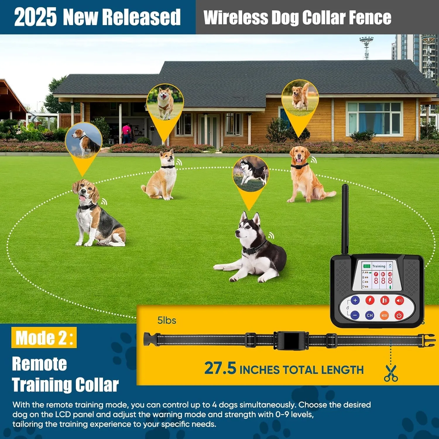 Wireless Dog Fence, Electric Fence for Dogs with Big LCD Screen, Portable Wireless Pet Fence & Remote Training Collar, Dog Perimeter Fence, Adjustable for Large Medium Small Dogs (2 Dogs)
