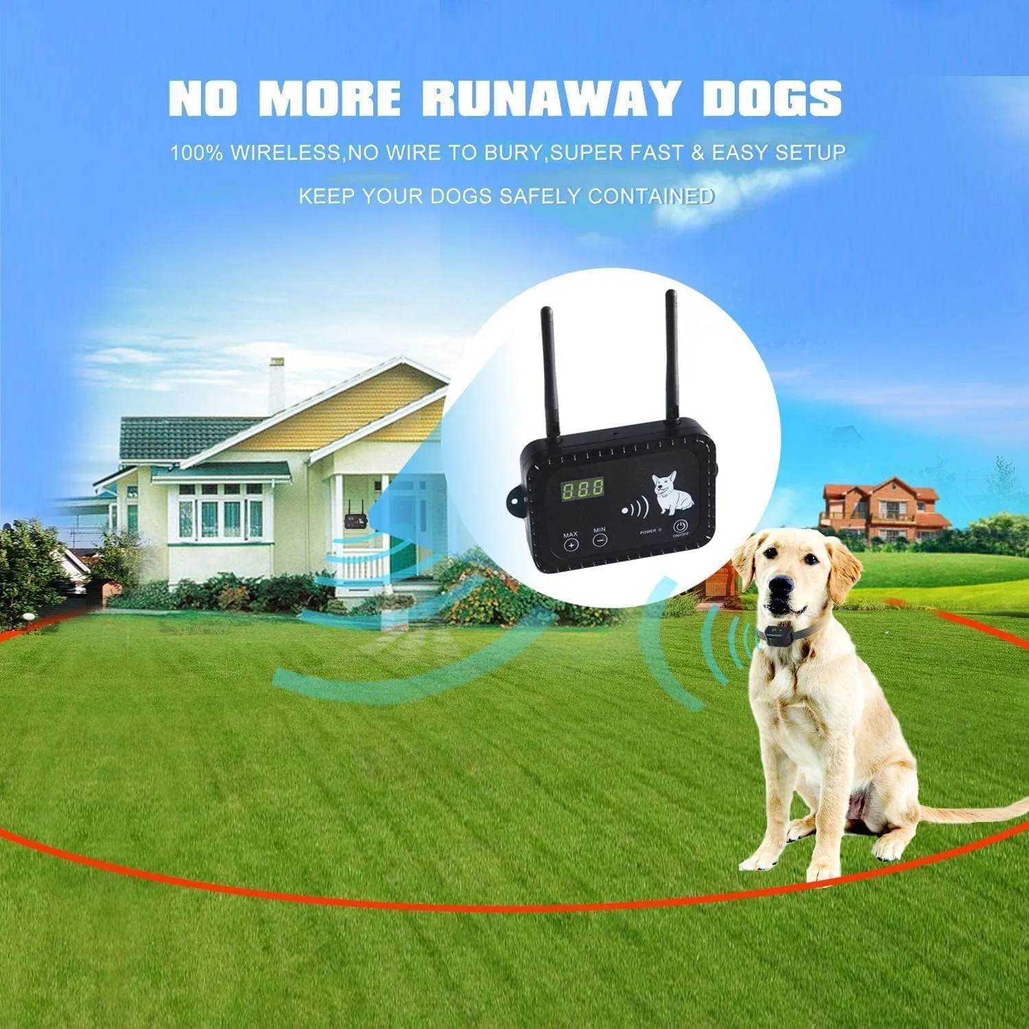 Wireless Dog Fence Pet Electric Containment System, Safe Harmless Dog Fence No Randomly Correction, Adjustable Control Range Up to 990 Feet, Waterproof Rechargeable Collar Receiver