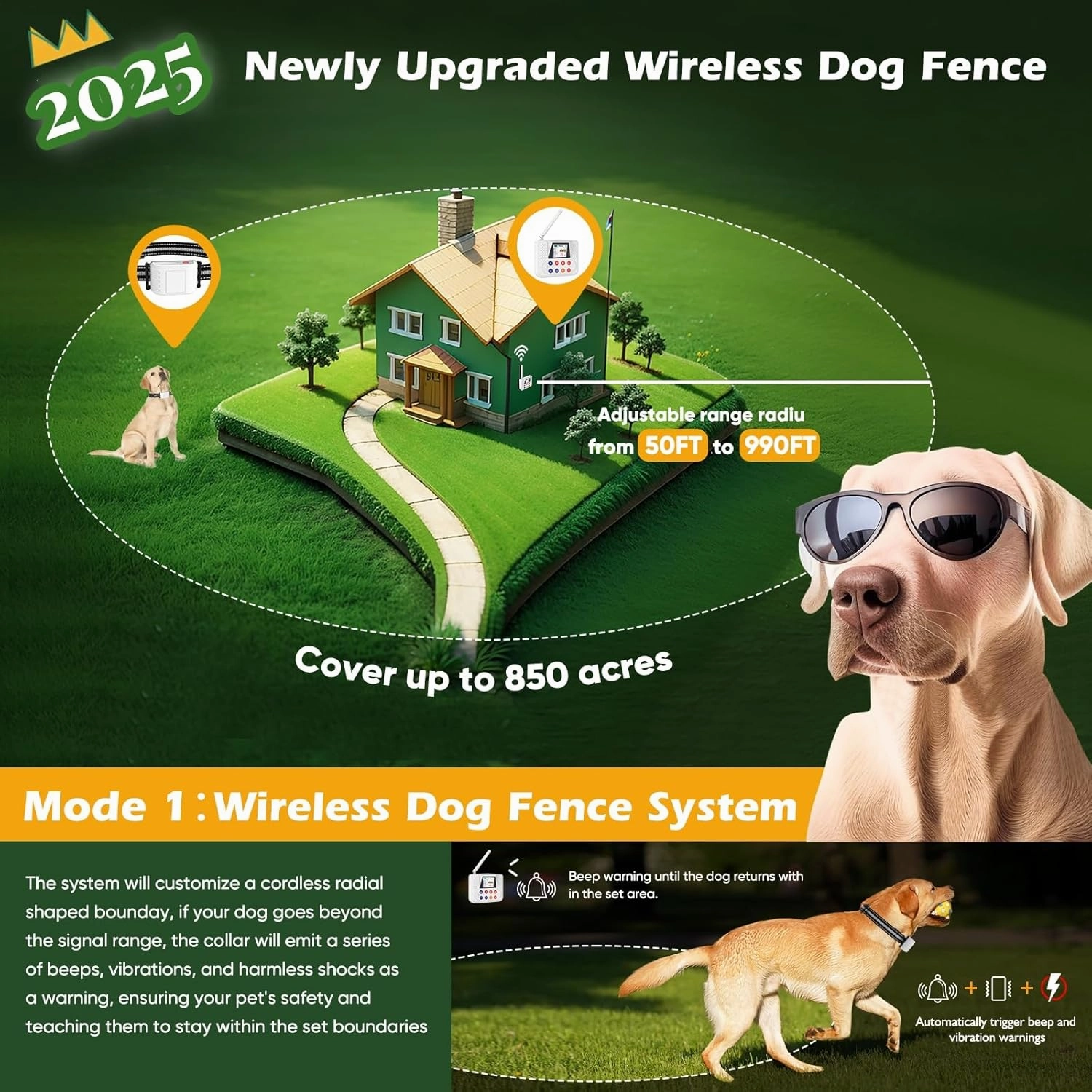 Wireless Dog Fence System, Electric Fence for Dog with Big LCD Screen, Portable Wireless Fence & Training Collar with 2.4GPFC Antenna, Waterproof & Adjustable Dog Perimeter Collar
