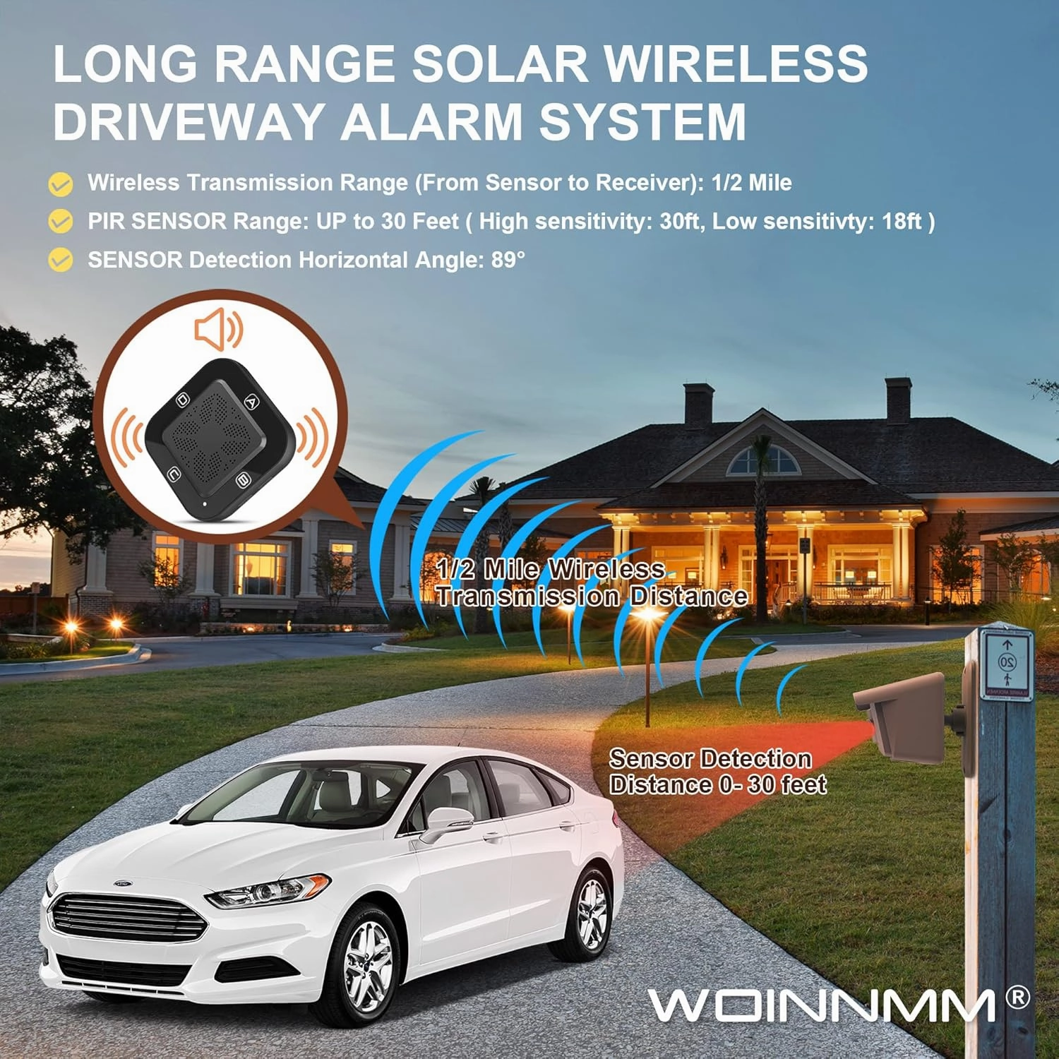Woinnmm Solar Wireless Driveway Alarm 1/2 Mile Long Range, Driveway Alarms Wireless Outdoor Weatherproof-Motion Sensor&Detector,Driveway Alert System for Monitor & Protect Inside and Outside Property