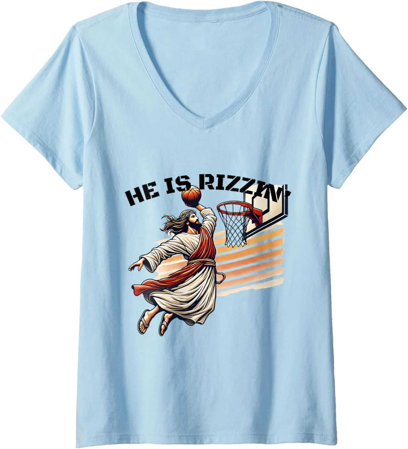 Womens He Is Rizzin Basketball Slam Dunk Humor Fan Easter Christian V-Neck T-Shirt