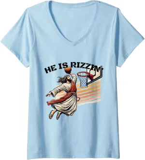 Womens He Is Rizzin Basketball Slam Dunk Humor Fan Easter Christian V-Neck T-Shirt