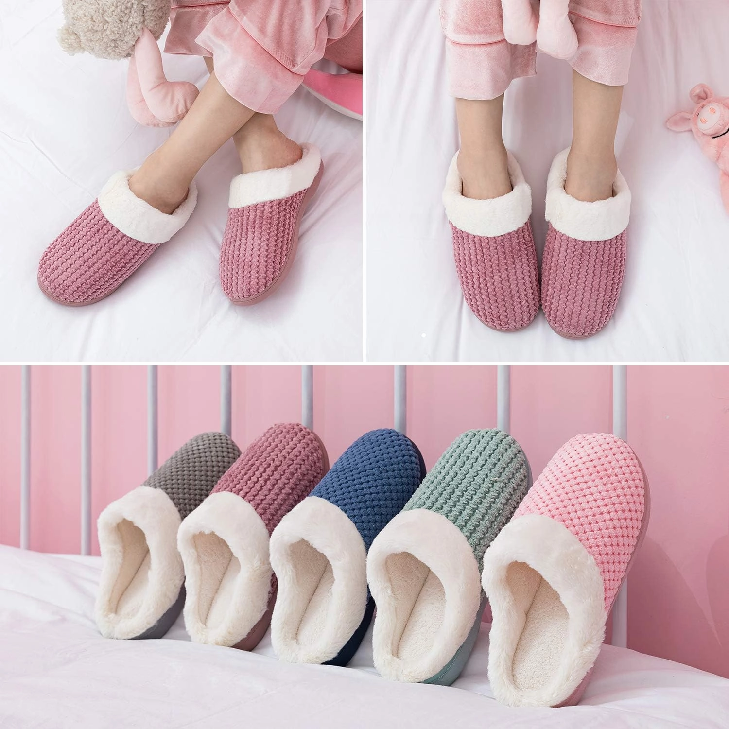 Womens Memory Foam Slippers Plush Fleece Lined Lady House Slippers Anti-Skid for Indoor Outdoor