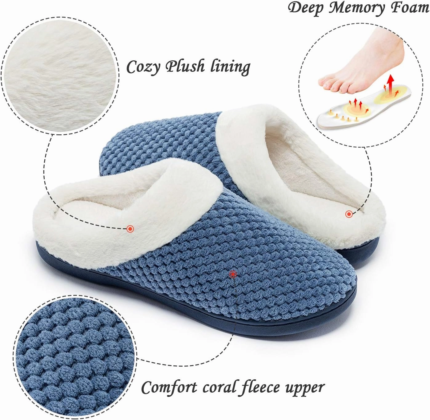 Womens Memory Foam Slippers Plush Fleece Lined Lady House Slippers Anti-Skid for Indoor Outdoor