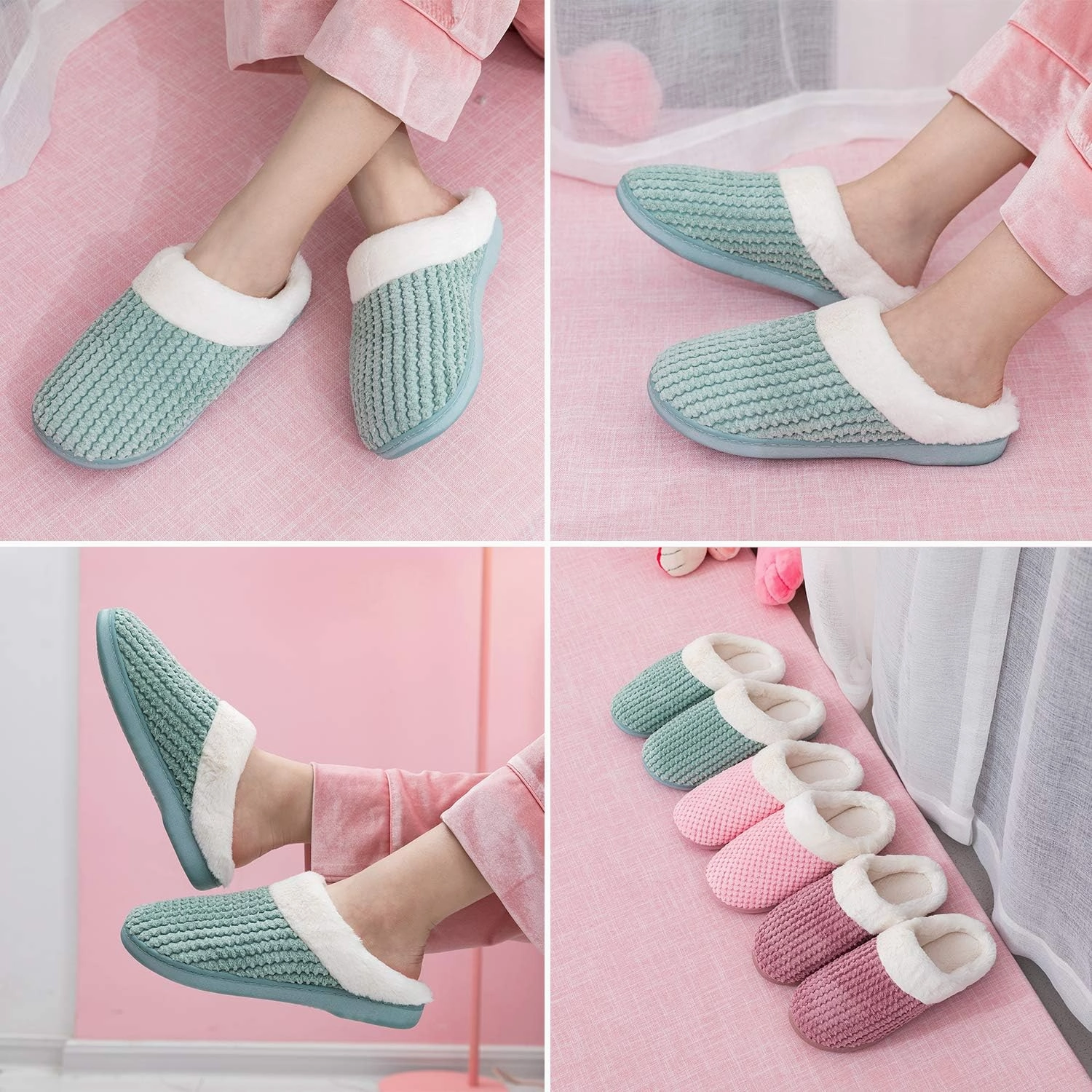 Womens Memory Foam Slippers Plush Fleece Lined Lady House Slippers Anti-Skid for Indoor Outdoor