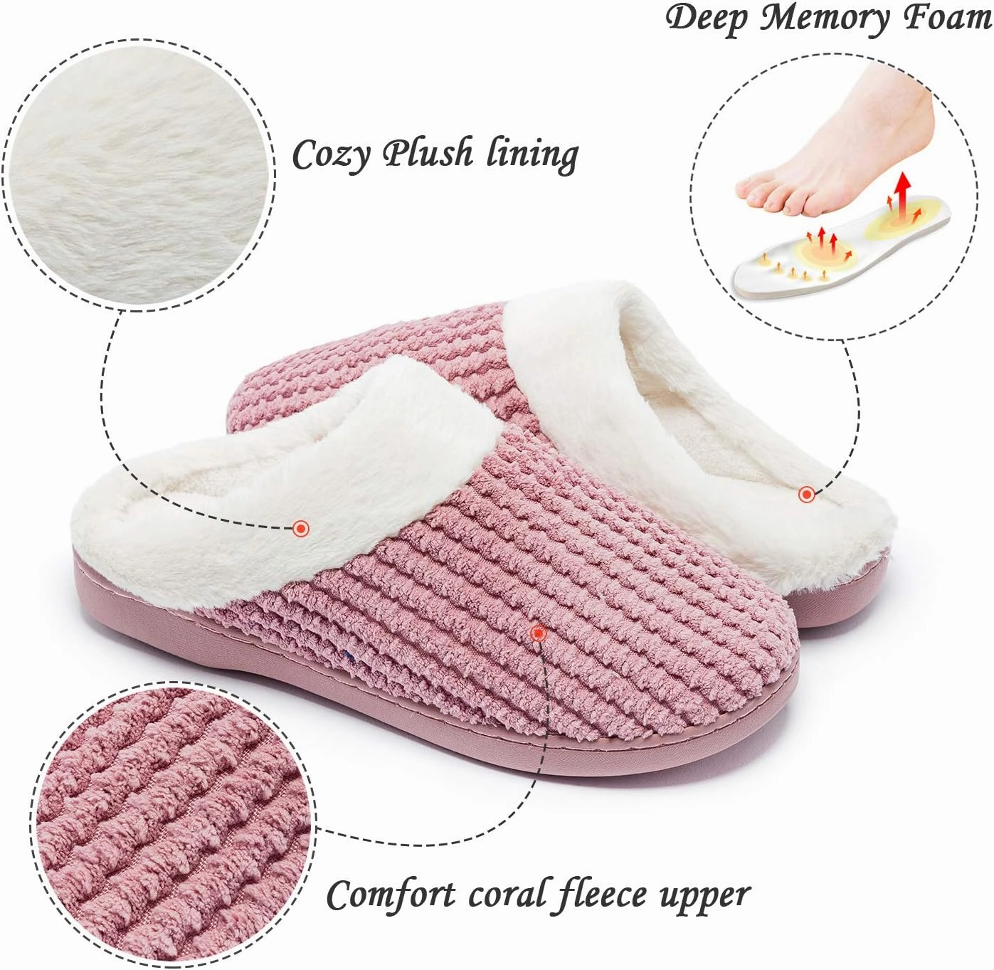 Womens Memory Foam Slippers Plush Fleece Lined Lady House Slippers Anti-Skid for Indoor Outdoor