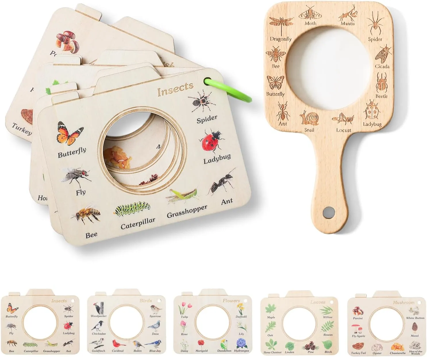 Wood Magnifying Glass for Kids & Nature Exploration Cards Set - Wooden Educational Toy for Outdoor Adventure, Bird Bug Plant Mushroom Identification - Birthday Gift for Boys Girls Ages 3 