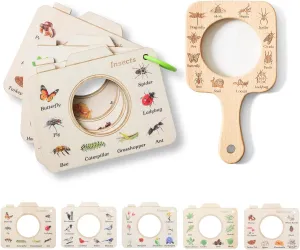 Wood Magnifying Glass for Kids & Nature Exploration Cards Set - Wooden Educational Toy for Outdoor Adventure, Bird Bug Plant Mushroom Identification - Birthday Gift for Boys Girls Ages 3 