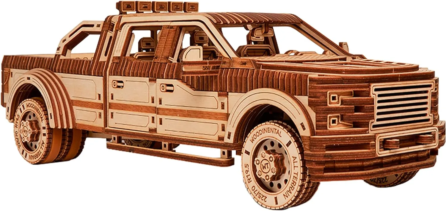 Wood Trick Pickup Truck SUV Car Wooden 3D Puzzles for Adults and Kids to Build - Rides up to 32 feet - Engineering DIY Mechanical Wood Model Kits Wooden Puzzles for Adults