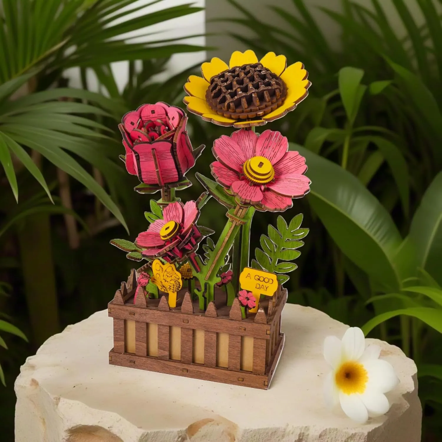 Wooden 3D Puzzles for Adults, 3D Wooden Puzzles House Warming Gift Hobby Kit Stem Toy Home Decor (Wooden Flowers)