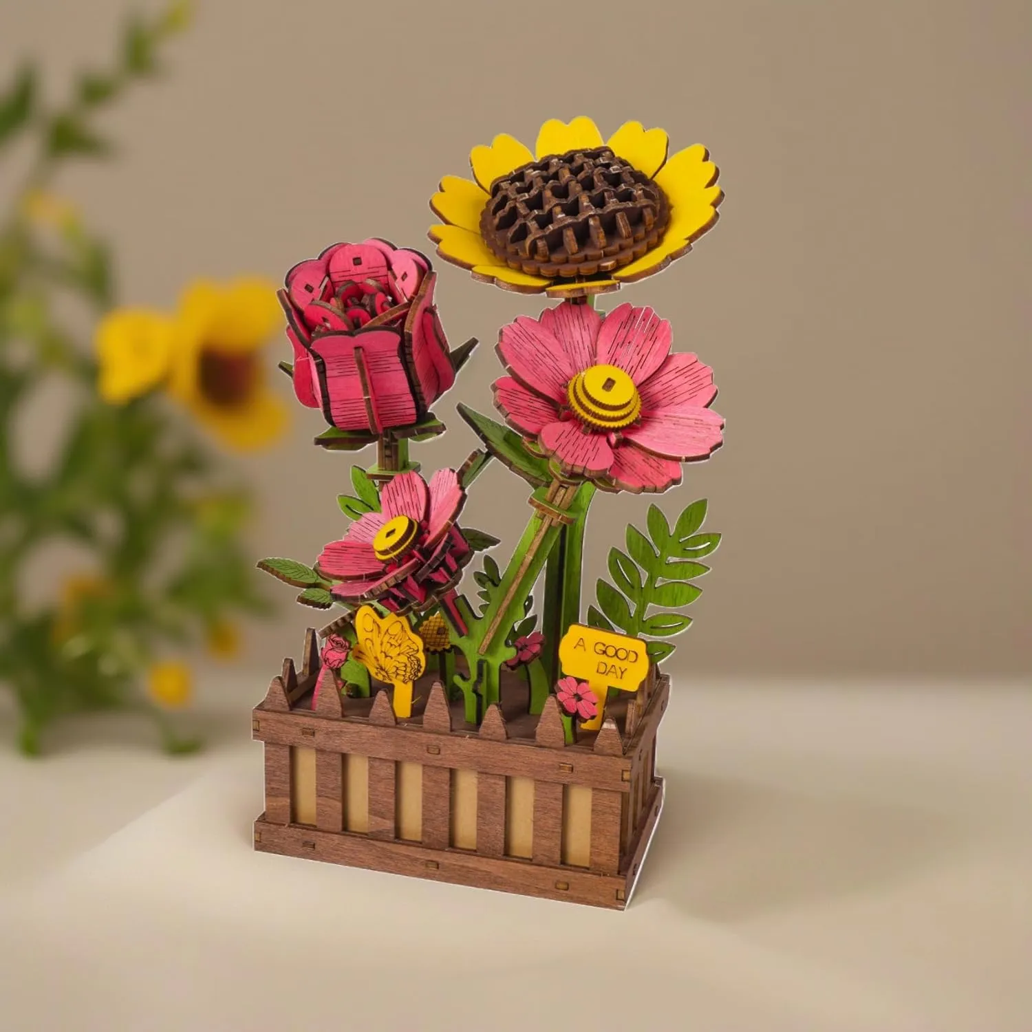 Wooden 3D Puzzles for Adults, 3D Wooden Puzzles House Warming Gift Hobby Kit Stem Toy Home Decor (Wooden Flowers)