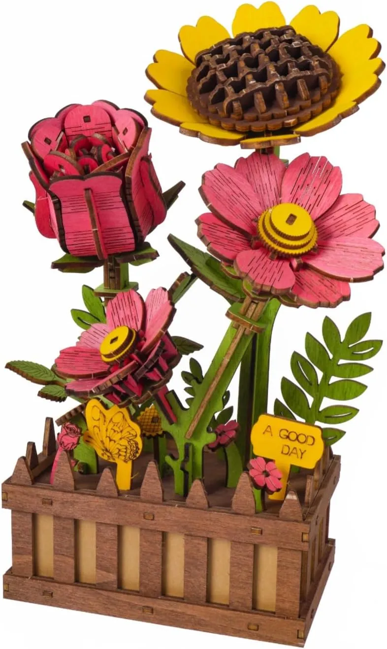 Wooden 3D Puzzles for Adults, 3D Wooden Puzzles House Warming Gift Hobby Kit Stem Toy Home Decor (Wooden Flowers)