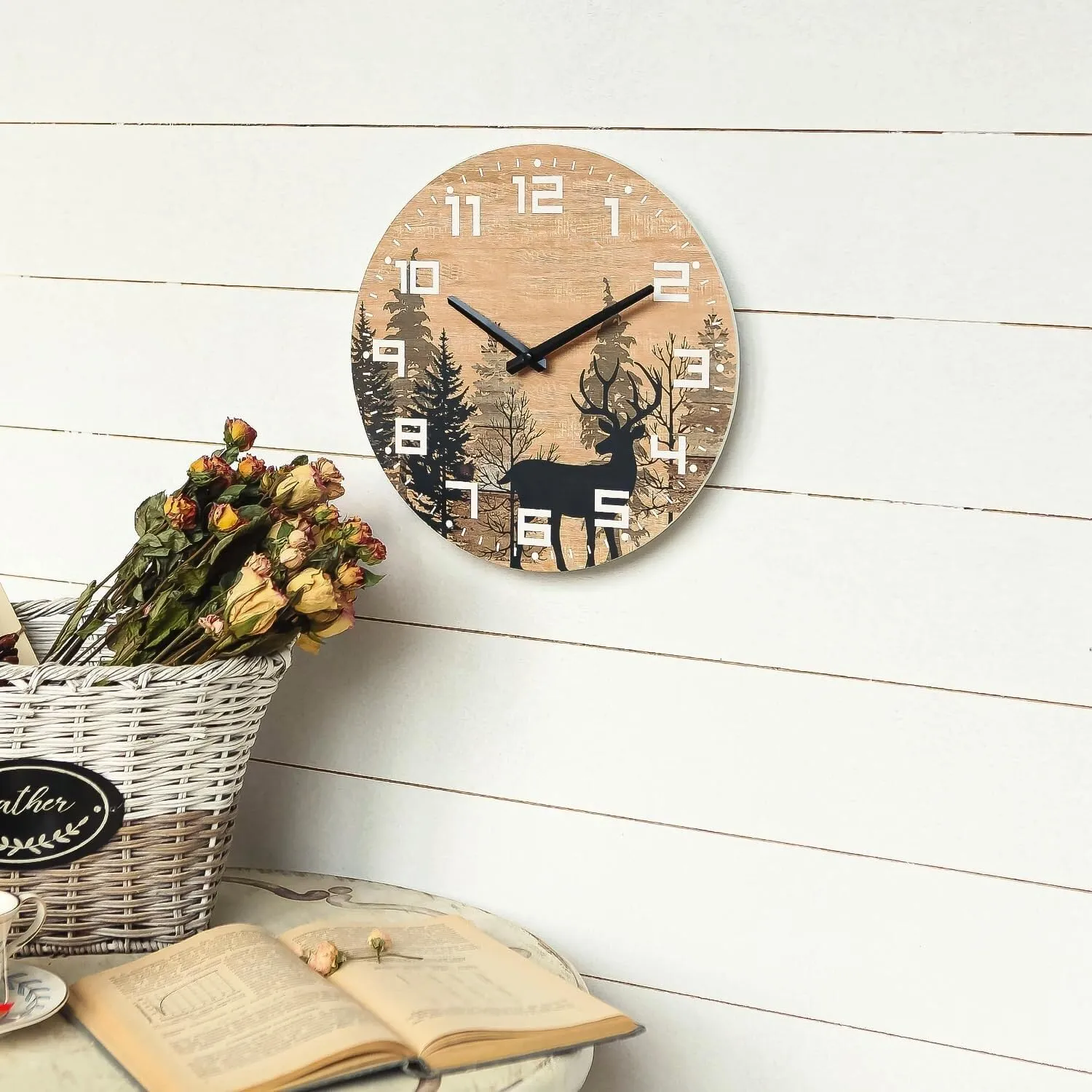 Wooden Silent Non-Tick Wall Clock, Battery Operated Wall Clock, Country Farmhouse Mountain Cabin Art Deco, 12 Inch Analog Classic Clock for Office, Home, Bathroom,(Deer)