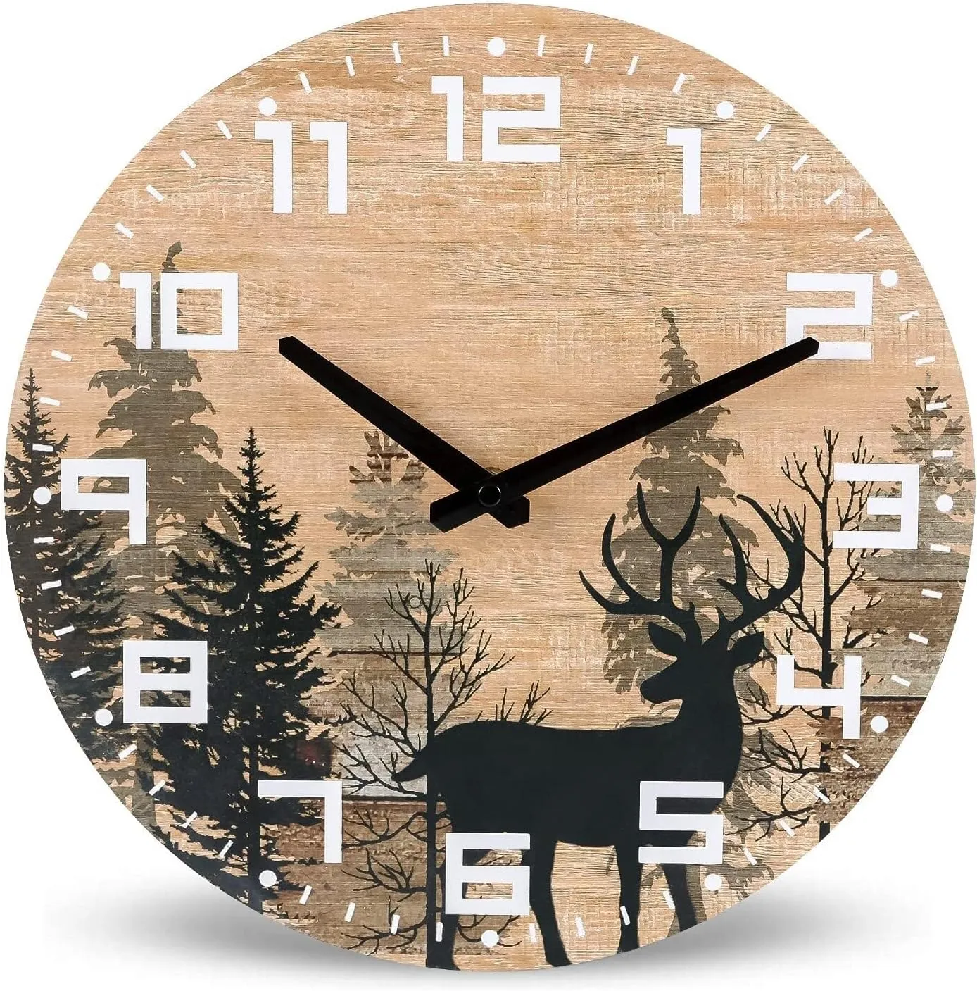 Wooden Silent Non-Tick Wall Clock, Battery Operated Wall Clock, Country Farmhouse Mountain Cabin Art Deco, 12 Inch Analog Classic Clock for Office, Home, Bathroom,(Deer)