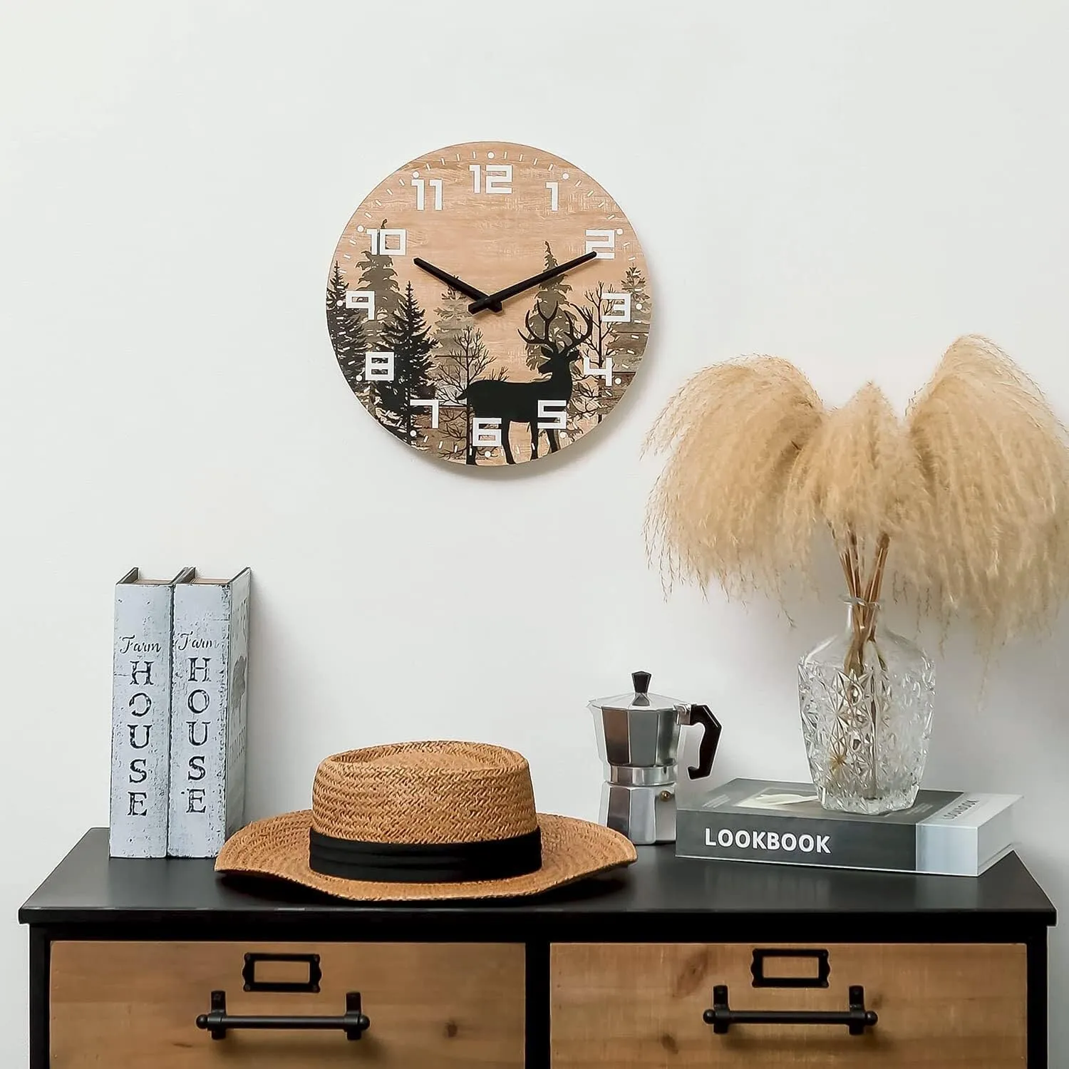 Wooden Silent Non-Tick Wall Clock, Battery Operated Wall Clock, Country Farmhouse Mountain Cabin Art Deco, 12 Inch Analog Classic Clock for Office, Home, Bathroom,(Deer)