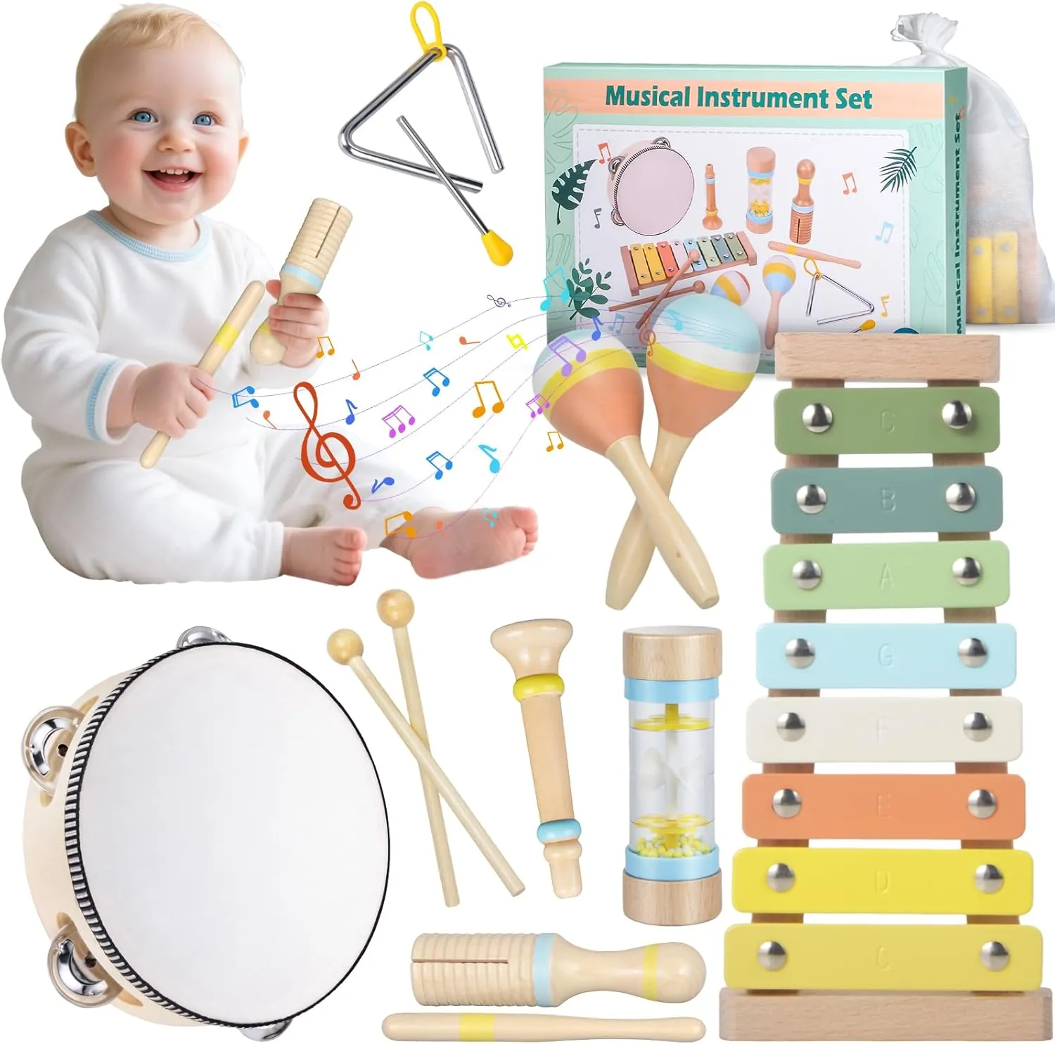 Wooden Toddler Musical Instruments Set - Montessori Toys for 1 2 3 Year Old,Baby Musical Toys with Storage Bag, Early Learning Toys for Baby Shower Birthday Gift (Non-Toxic)