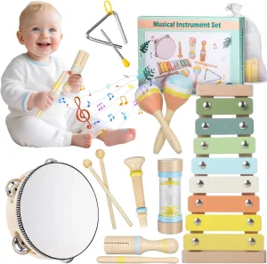 Wooden Toddler Musical Instruments Set - Montessori Toys for 1 2 3 Year Old,Baby Musical Toys with Storage Bag, Early Learning Toys for Baby Shower Birthday Gift (Non-Toxic)