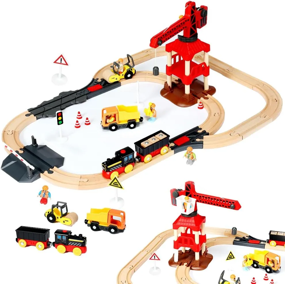 Wooden Train Set, Battery Powered, for Toddlers 3 Years up, Comes with Rotatable Crane
