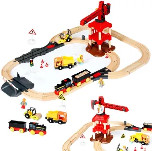 Wooden Train Set, Battery Powered, for Toddlers 3 Years up, Comes with Rotatable Crane