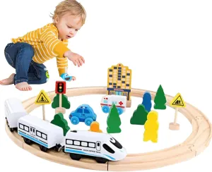Wooden Train Set Electric Train for Wooden Track Battery-Powered Wooden Train Toy Fun Railway Playset Creative Assemble Traffic Toys for Girls Boys, Train Set, No Battery
