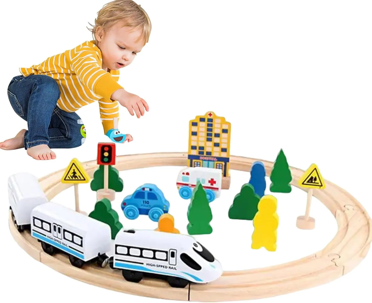 Wooden Train Set Electric Train for Wooden Track Battery-Powered Wooden Train Toy Fun Railway Playset Creative Assemble Traffic Toys for Girls Boys, Train Set, No Battery