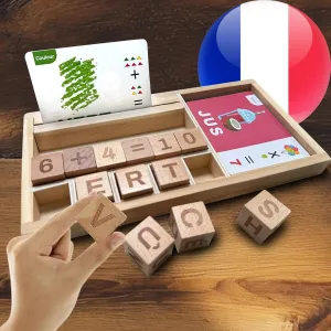 Word Spelling Games for Kids - Math French Word Games with Flash Cards Wooden Dice Puzzle Tray, Montessori ABC Learning Travel Toys for Toddlers, Kindergarten Board Activity (French)