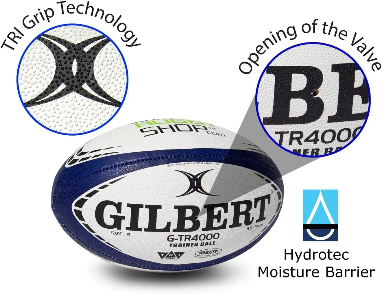World Rugby Shop X Gilbert G-TR4000 Rugby Ball - Adult and Youth Sizes 3, 4, and 5 - Hand Stitched - 3 Ply Construction