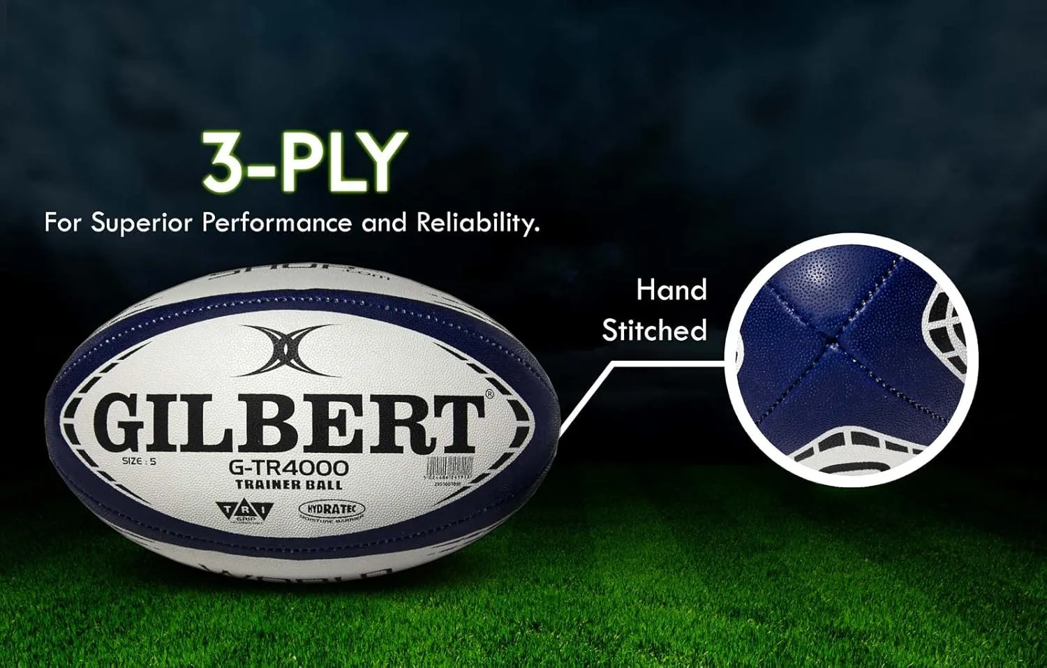 World Rugby Shop X Gilbert G-TR4000 Rugby Ball - Adult and Youth Sizes 3, 4, and 5 - Hand Stitched - 3 Ply Construction