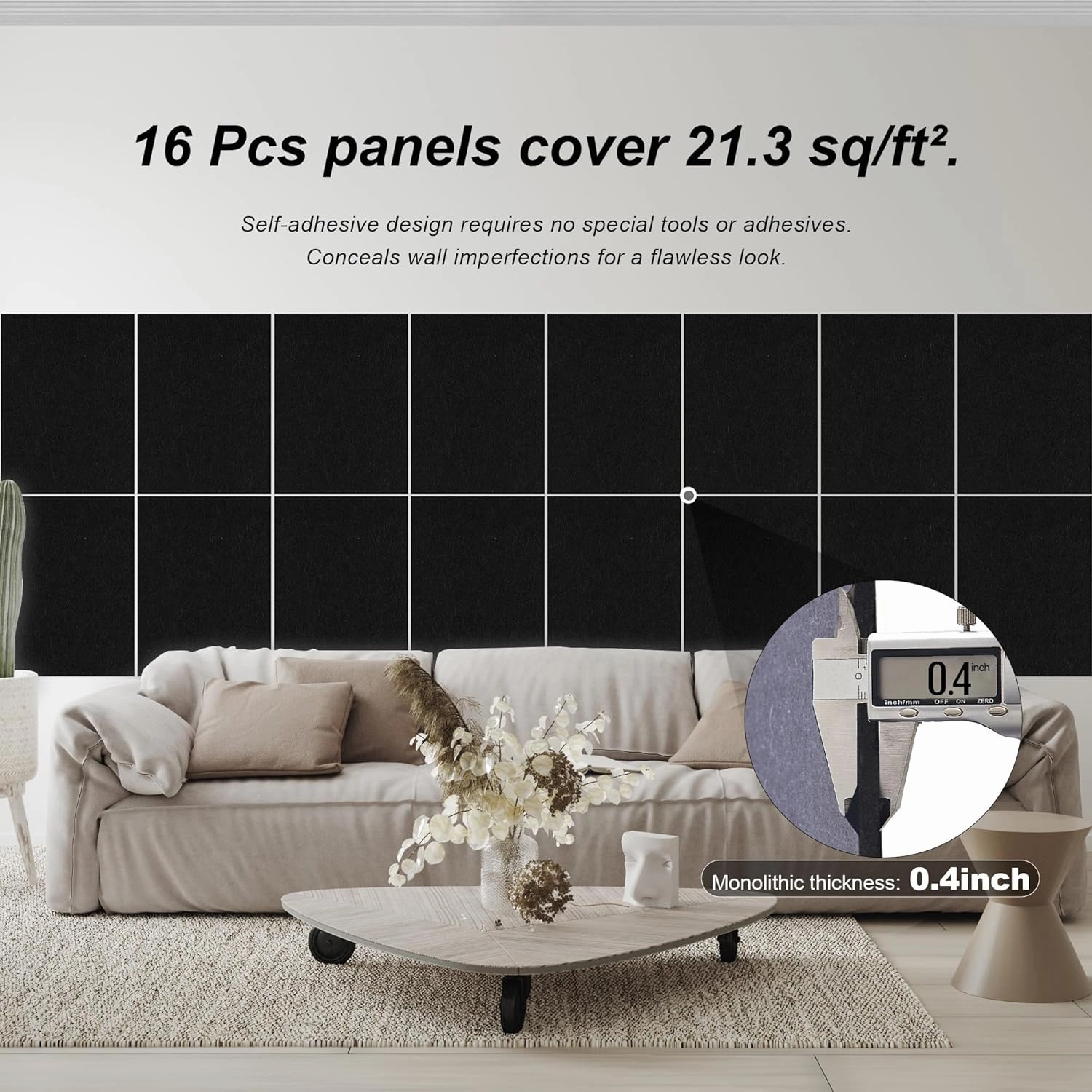 Woven Sound Large Acoustic Panels, High Density, Sound Dampening, Decorative Noise Blocker Felt Wall Tiles for Ceilings, Home Office & Gaming Room (Black), 16x12x0.4 Inch