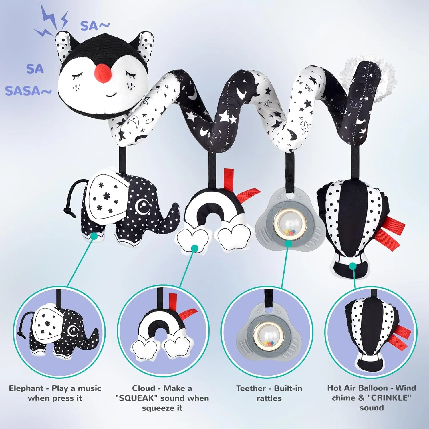 XIXILAND Musical Car Seat Toys Black and White Baby Toys, Infant Toys 0-6 Months Stroller Toys Newborn Toys, High Contrast Baby Toys for Newborn, Gift for 0 3 6 9 12 Months Girls Boys Babies