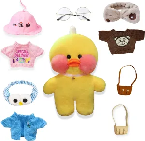 Yellow Duck Plush Toy with 9 Pcs Duck Clothes & Accessories - Cute Stuffed Animal with Glasses, Birthday Gifts for Kids