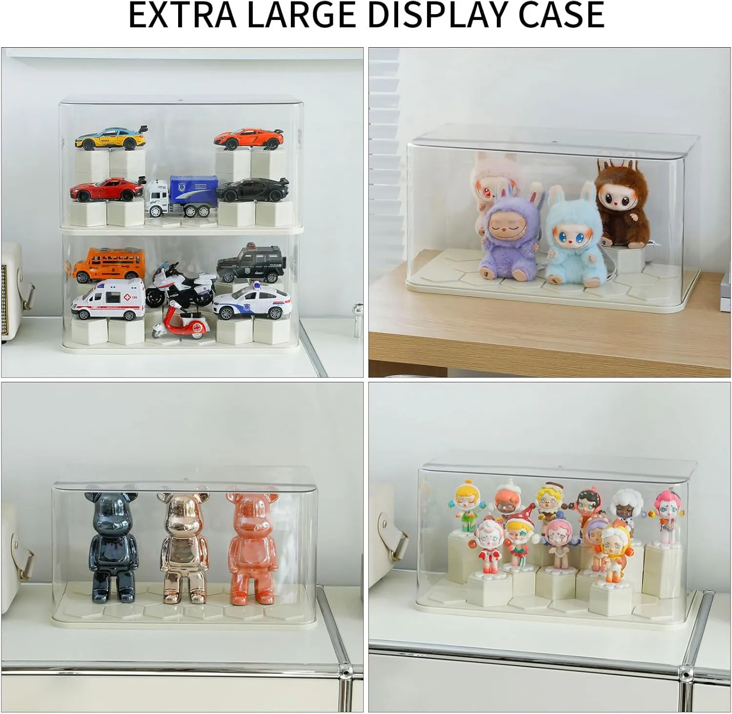 Yesesion Extra Large Display Cases for Figures Under 7 inches Tall, Plastic Collectibles Showcase with 17pcs Cube, Stackable Storage Box with Lid for Model Car, Doll, Toy, Souvenir Stand, 2 Pack