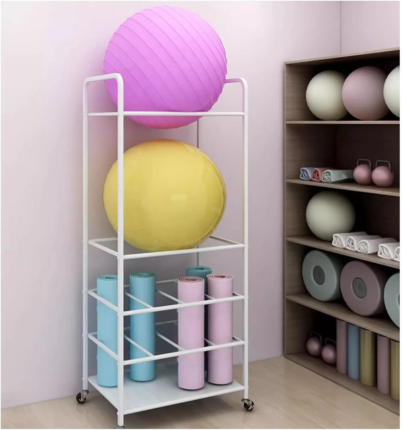 Yoga Studio/Fitness Club/Gym Rolling Ball Storage Cart, Yoga Exercise Ball Display Holder with Wheels for Workout Room, Easy to Assemble Metal Ball Holder (Color : White)