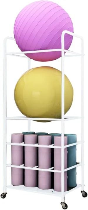 Yoga Studio/Fitness Club/Gym Rolling Ball Storage Cart, Yoga Exercise Ball Display Holder with Wheels for Workout Room, Easy to Assemble Metal Ball Holder (Color : White)