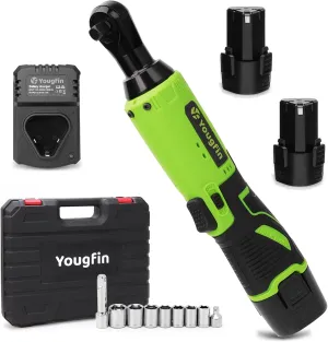 Yougfin Electric Ratchet Wrench, 3/8" Cordless Ratchet 12V Battery Ratchet Wrench 40 Ft-Lbs with 2 Batteries Power Ratchet Wrenches with 8-Socket Set Torque Wrench for Car Repairing Narrow Space