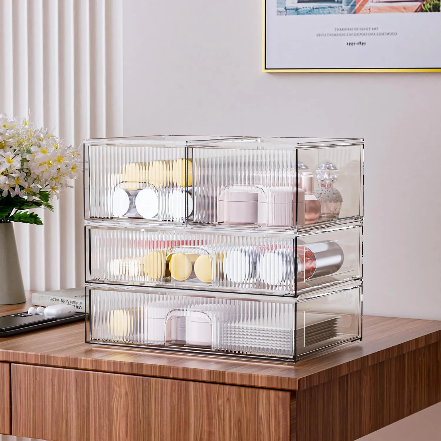 ZHIAI Stackable Storage Box, Acrylic Organizer, Cosmetic Organizer for Cosmetics and Beauty Products for Dressers, Bathrooms, Cabinets, Bedrooms and Home Organization 4 Piece Set