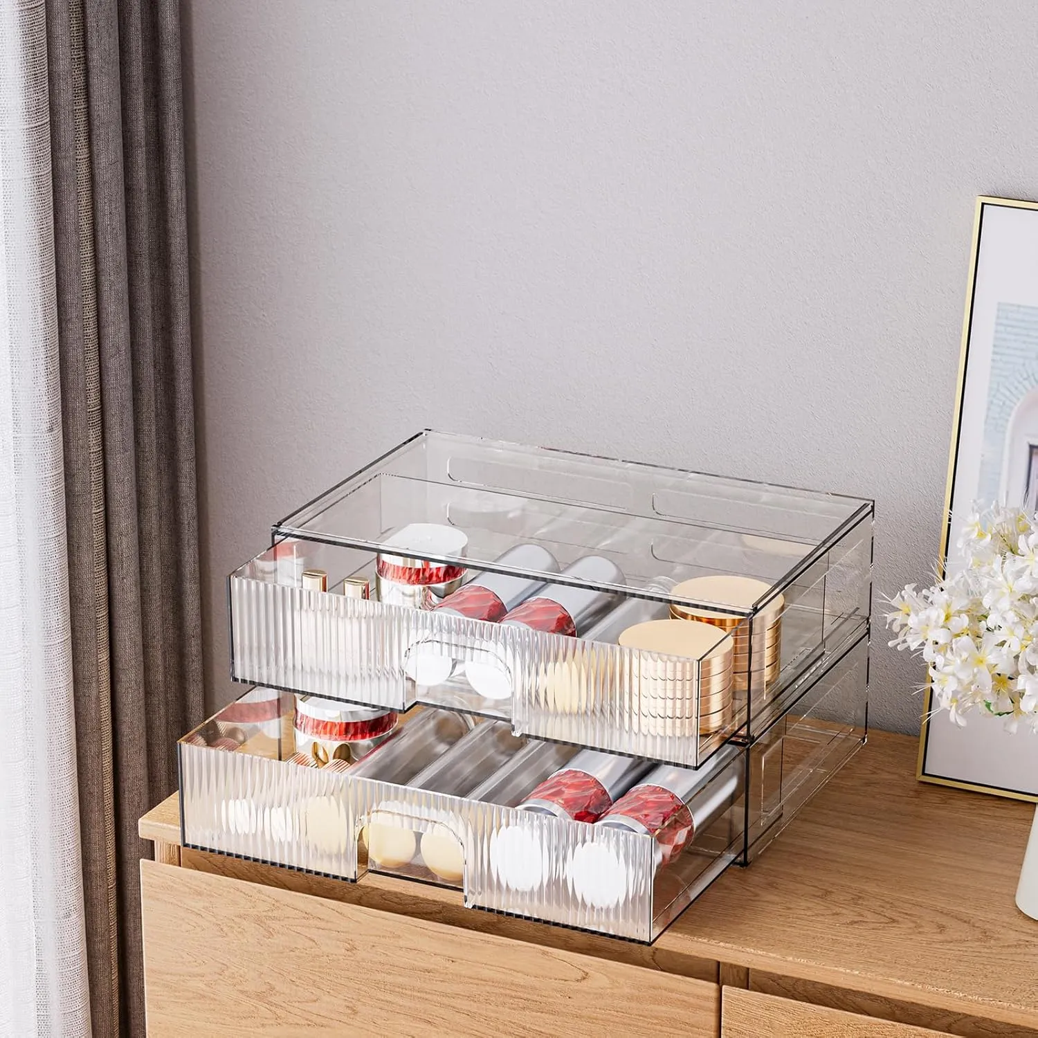 ZHIAI Stackable Storage Drawer, 2 Piece Acrylic Organiser for Cosmetics and Beauty Products, Suitable for Dressers, Bathrooms, Cabinets, Storage Rooms, Bedrooms and Home Organisers