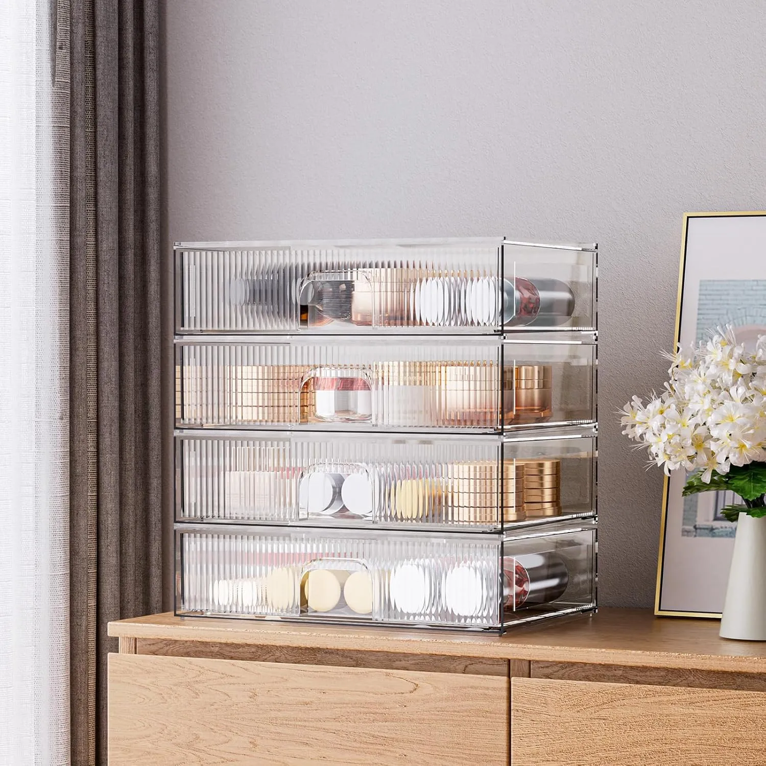 ZHIAI Stackable Storage Drawer, 4 Piece Acrylic Organiser for Cosmetics and Beauty Products, Suitable for Dressers, Bathrooms, Cabinets, Storage Rooms, Bedrooms and Home Organisers
