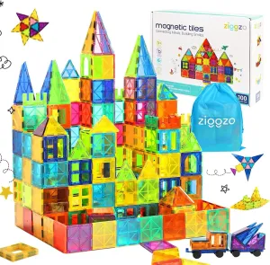 Ziggzo Magnetic Tiles for Kids Ages 4-8 | 100 Magnet Tiles with Storage Bag and 2 Cars | STEM Building Blocks for Creative Learning